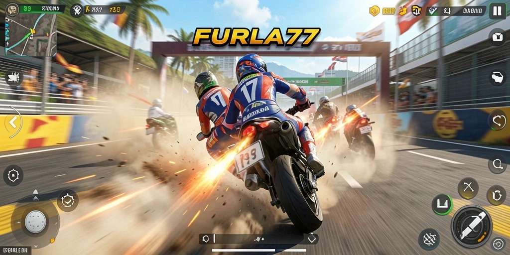 Screenshot bermain FURLA77 yang menampilkan aksi balapan motor.
