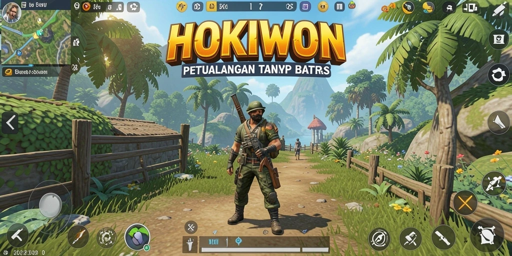 Gameplay HOKIWON yang menampilkan aktivitas eksplorasi di dunia terbuka.
