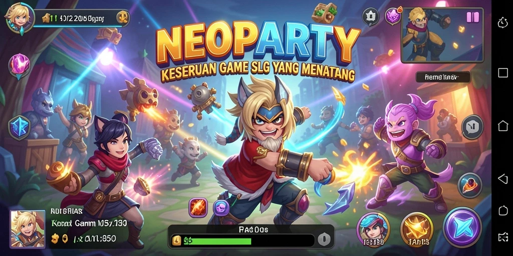 Screenshot gameplay NEOPARTY menampilkan pertempuran strategi yang penuh aksi.