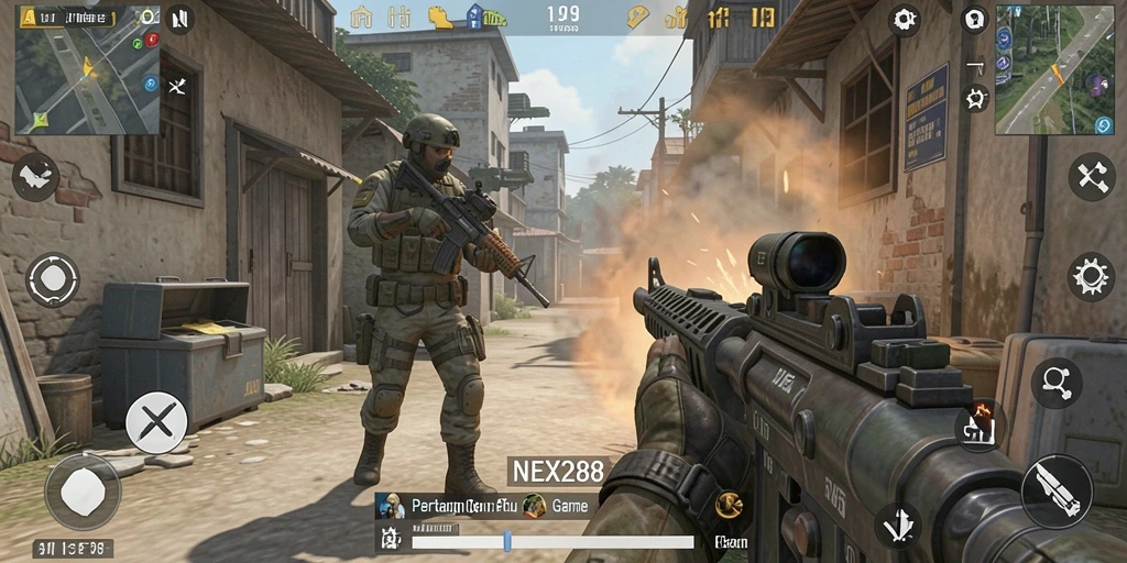 Tampilan aksi seru dalam game FPS NEX288.