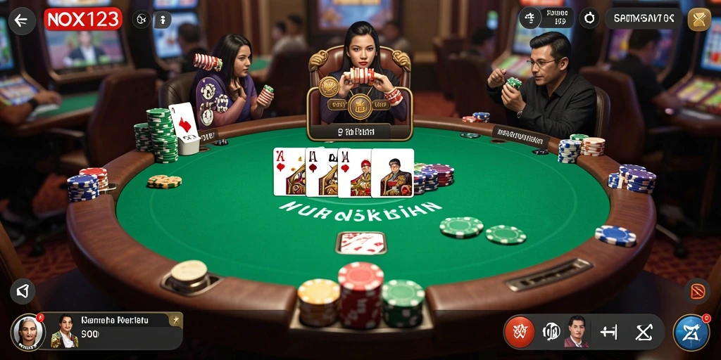 Screenshot gameplay NOX123 menampilkan aksi poker yang mendebarkan.