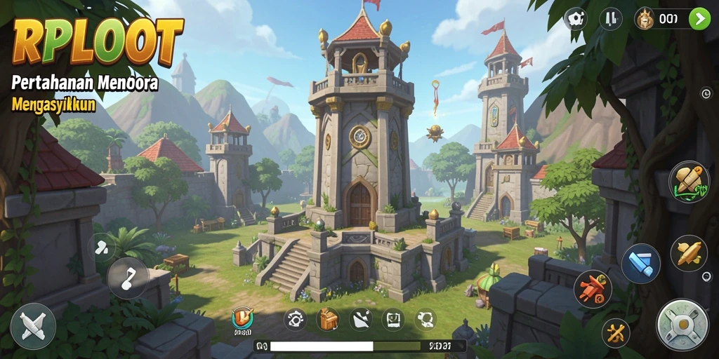 Screenshot gameplay RPLOOT yang menunjukkan pertahanan menara yang kuat.