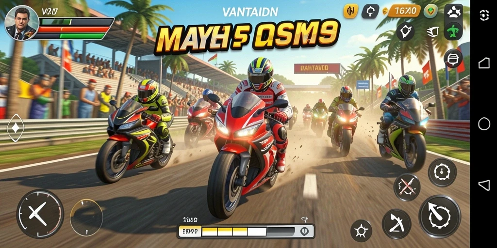 Screenshot gameplay VANTAIDN menampilkan balapan motor yang intens.
